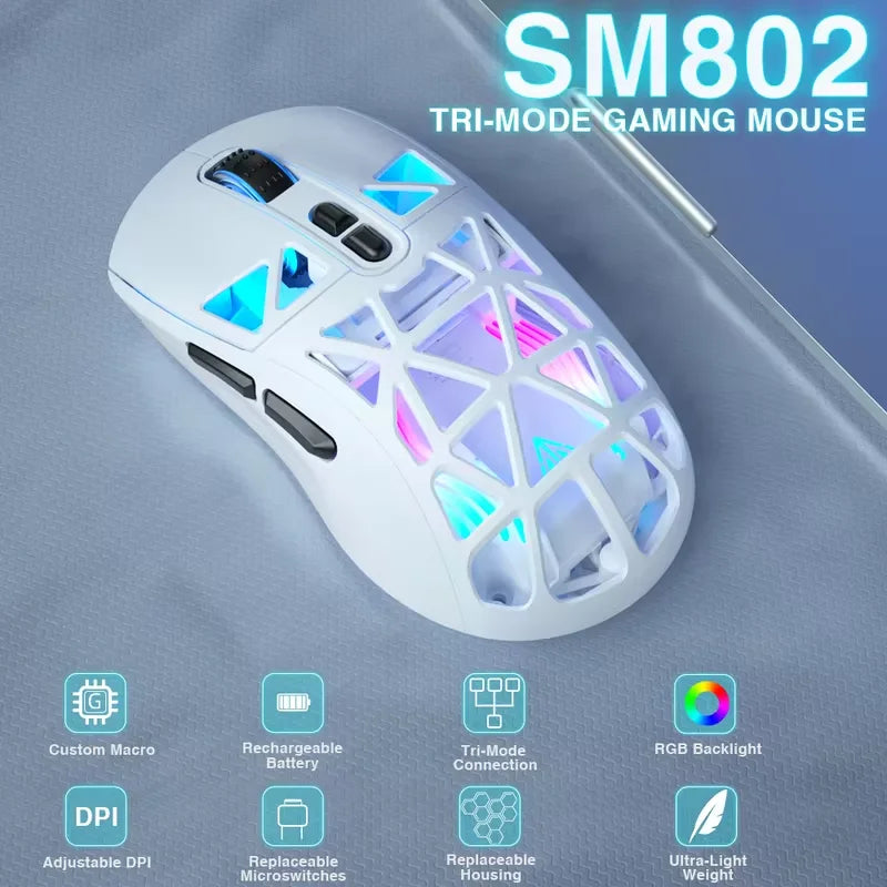 SOLAKAKA SM802 TRI-MODE Wireless Mouse Customized 10000DPI Macro Replaceble Switch RGB Heneycemb Ergonomic Mouse 63g Ultra-light