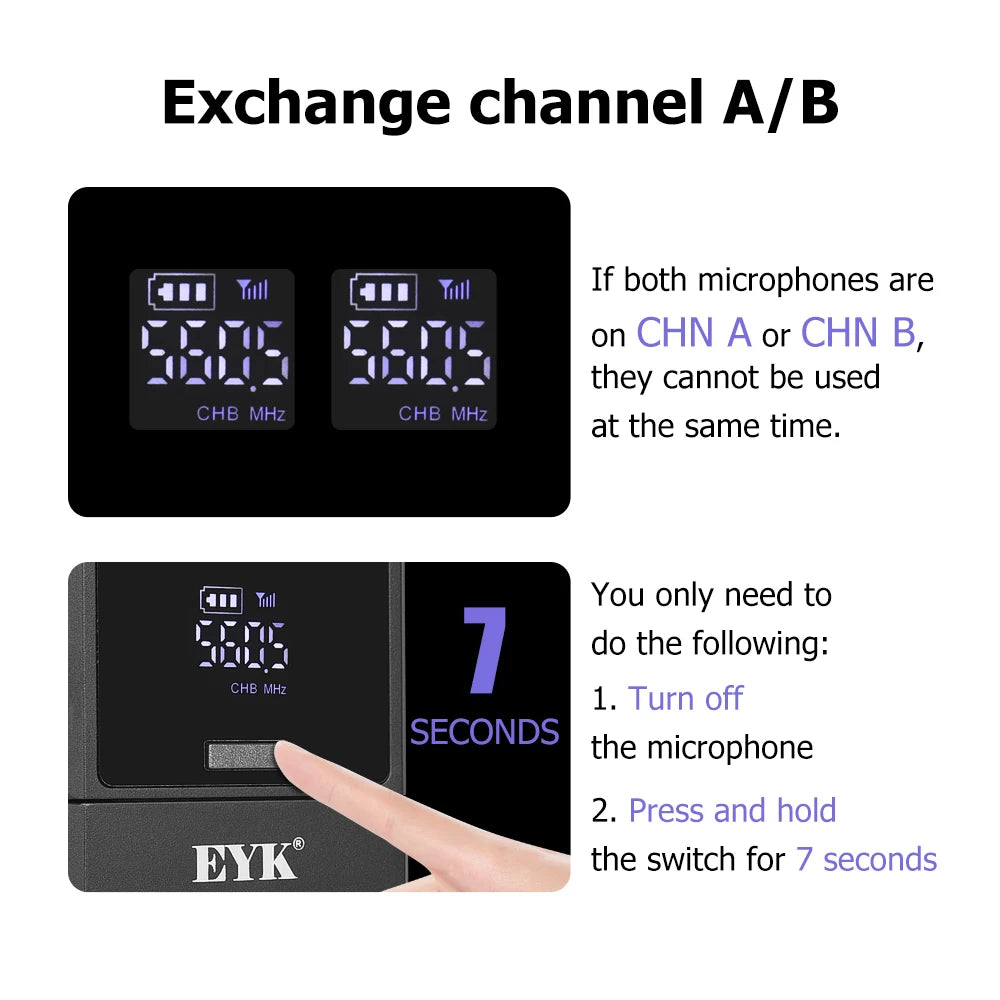 EYK EW102 Dual Channels Wireless Headset Microphone UHF Lavalier Mic Rechargeable for Teaching Speech Interview Live Recording