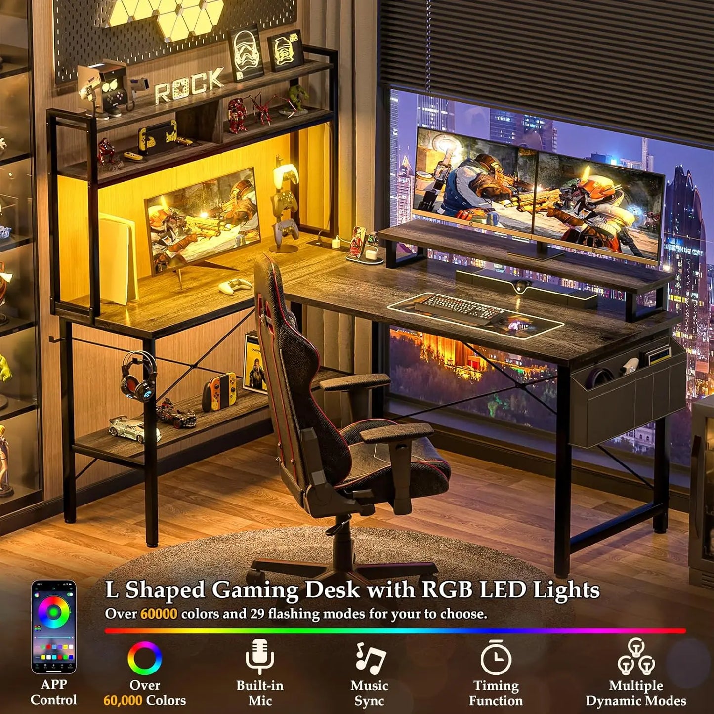 L Shaped Gaming Desk with Power Outlets & LED Lights, Small L- Shaped Desk Computer Corner Desk with Monitor Stand, Customized