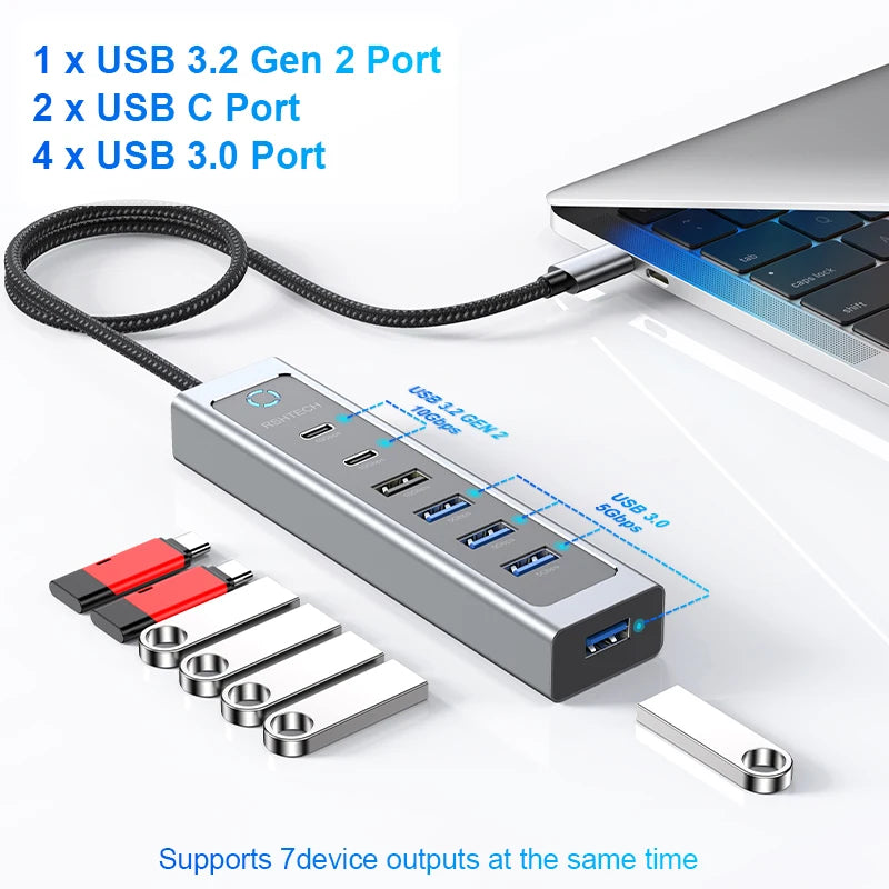 RSHTECH USB C Hub 7-Port USB 3.2 Gen2 Splitter with 5 USB-A & 2 USB-C Data Ports Aluminum USB Extension Data Hubs for PC Laptop