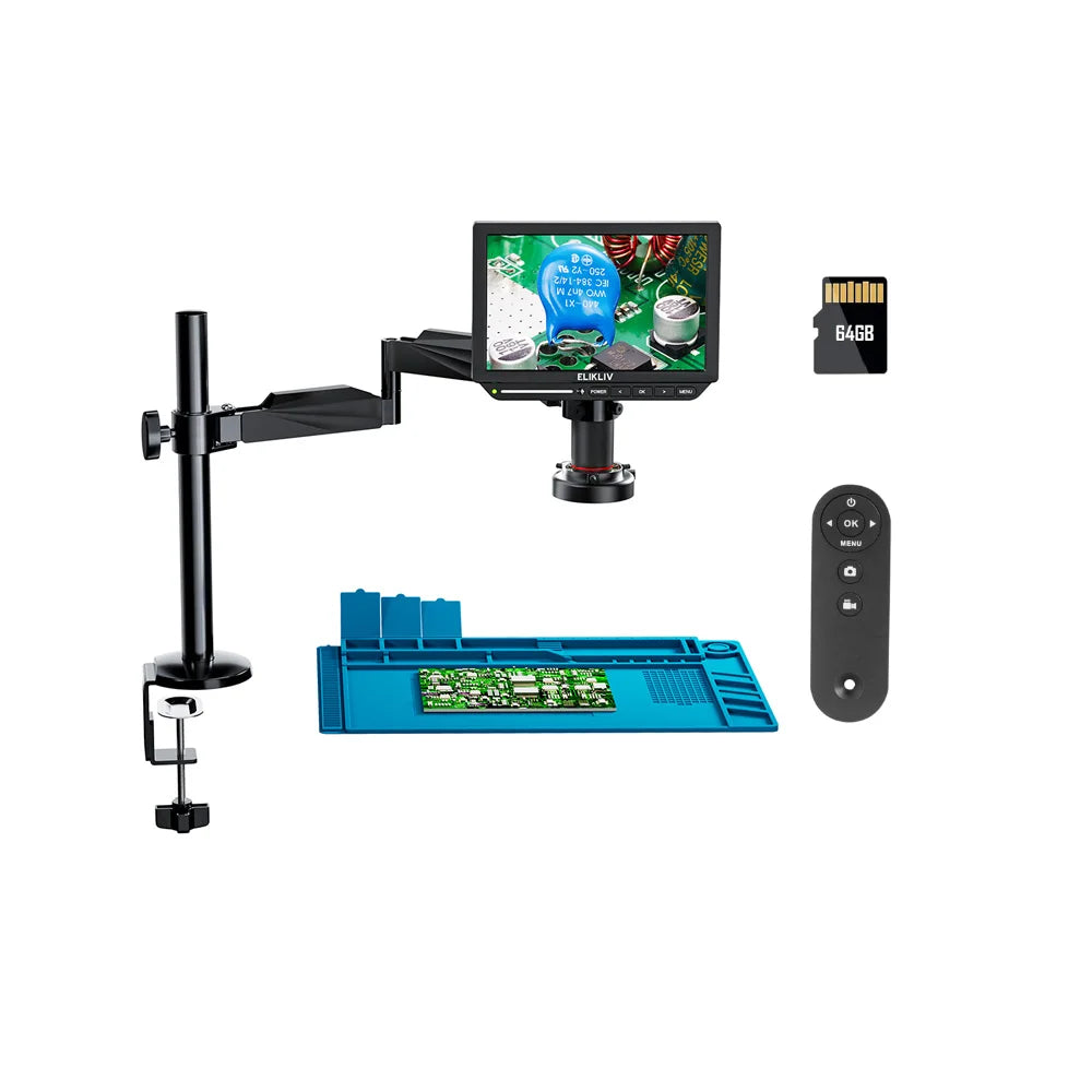 Elikliv EM4K Flex 4K Digital Soldering Microscope 2000X 10.1" HDMI Microscope for Electronics with Boom Arm Stand Ring Light