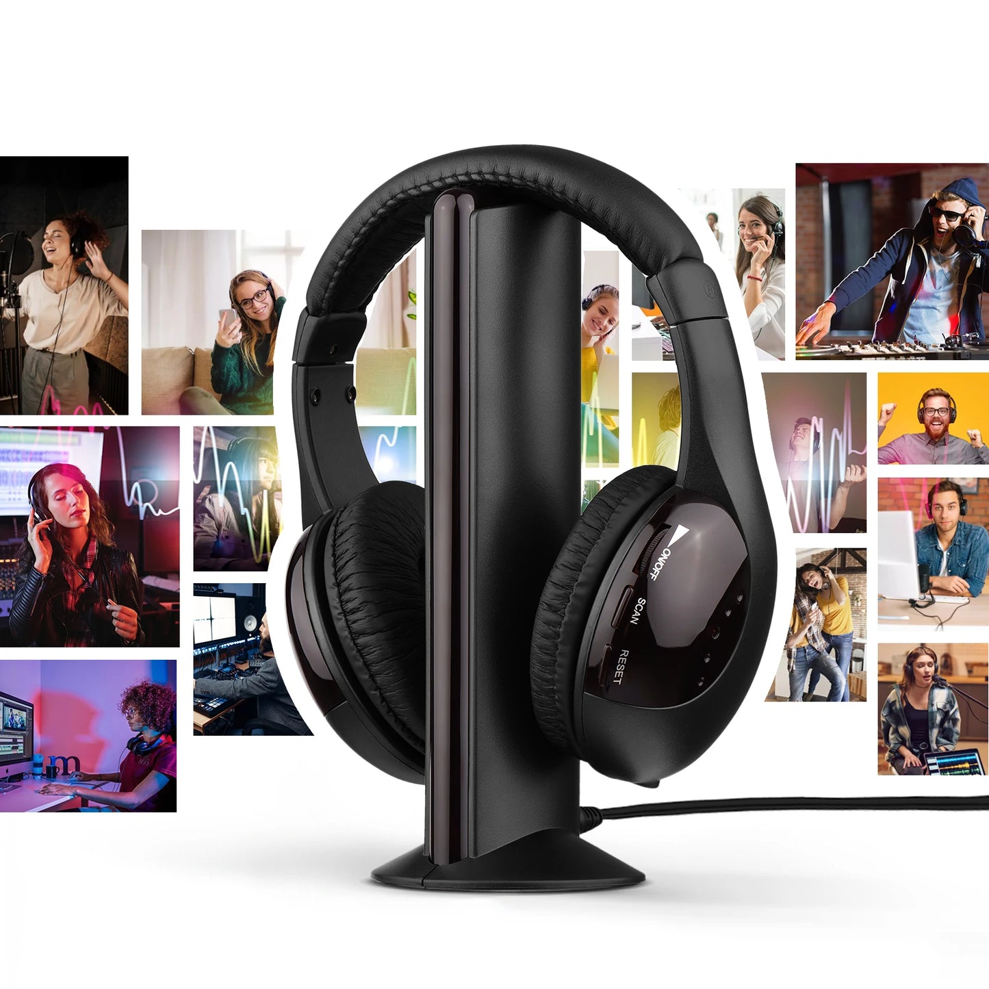 Wireless Headphone Emitter & Receiver Set FM Radio Computer TV Monitor Cordless Headphone Wired Headset with Microphone for TV L
