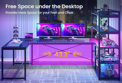 L Shaped Gaming Desk, 63'' Reversible Computer Desk with Power Outlet and Storage Shelves, Corner Gaming Desk with, Customized