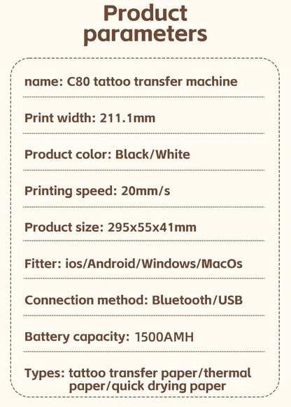 Mini A4 Tattoo Printer Portable Wireless Stencil Printer Tattoo Transfer Thermal Copier Comes