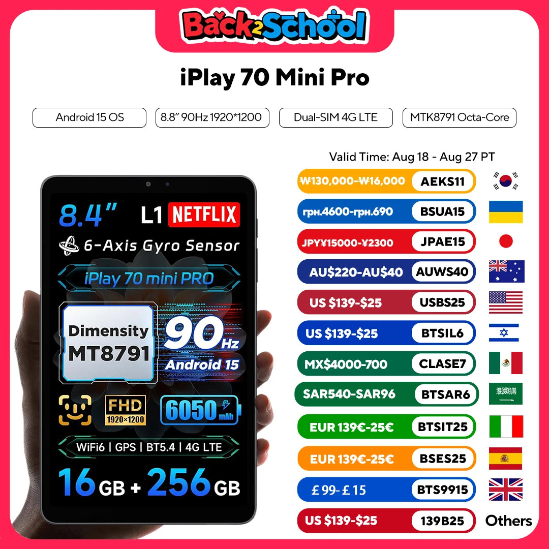 ALLDOCUBE 8.8“ Mini Tablets iPlay 70 Mini Pro 8+8GB RAM 256GB ROM Android 15 Tablet PC 90Hz FHD Screen 6050mAh Dual 4G LTE Pads