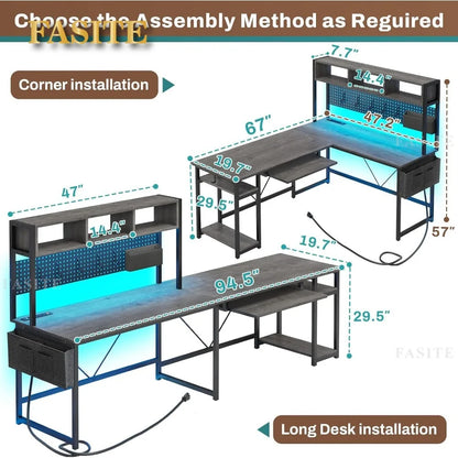 L Shaped Gaming Desk, Reversible Computer Desk with Power Outlet and Pegboard, Gaming Desk with Led Lights, Keyboard Tray