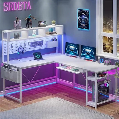 L Shaped Gaming Desk, Reversible Computer Desk with Power Outlet and Pegboard, Gaming Desk with Led Lights, Keyboard Tray