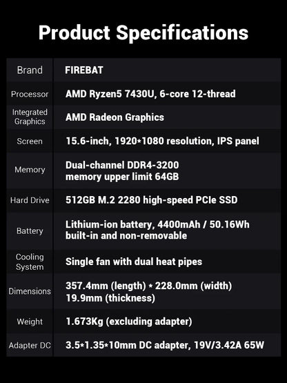 Firebat AS11 Laptop AMD R5 7430u CPU 16GB RAM SSD 512GB Lightweight Business Computer Windows 15.6 Inch Notebook BT5.2 WiFi6