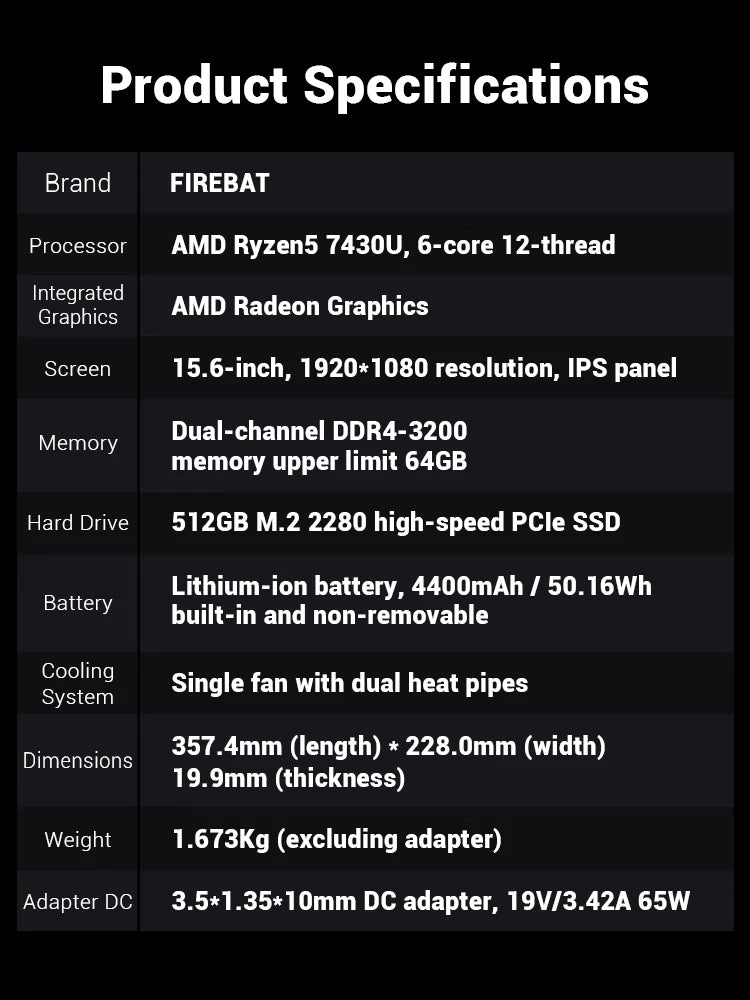 Firebat AS11 Laptop AMD R5 7430u CPU 16GB RAM SSD 512GB Lightweight Business Computer Windows 15.6 Inch Notebook BT5.2 WiFi6