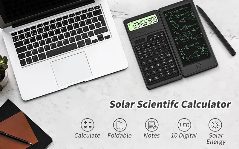 Solar Powered Scientific Calculator & 6 Inch Writing Tablet Foldable 10 Digit LCD Display For Office Student Teachers Accountant