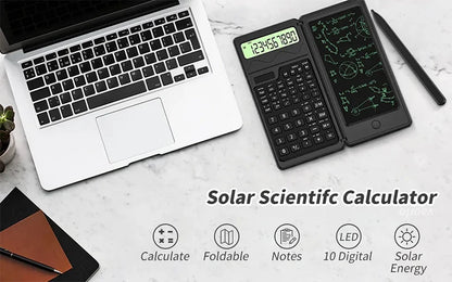 Solar Powered Scientific Calculator & 6 Inch Writing Tablet Foldable 10 Digit LCD Display For Office Student Teachers Accountant