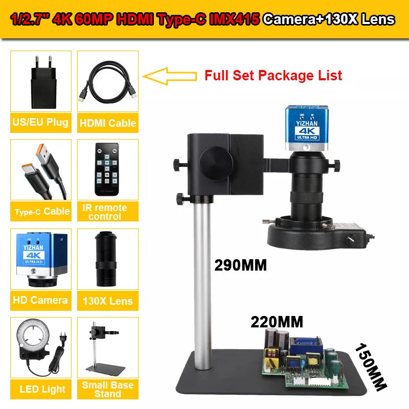 YIZHAN 130X Lens C-mount Digital Microscope for Electronics 4K 1080P HD Industrial Cameras 60MP 48MP HDMI USB VGA Repair Tools