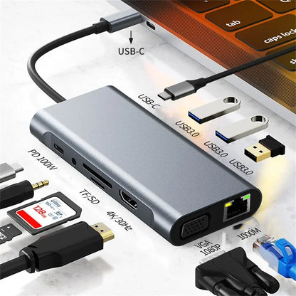 USB Type C Hub 11 in 1 Type-C to 4K HDMI-compatible VGA Adapter RJ45 Lan Ethernet SD TF PD 3.5mm Audio/Mic for MacBook Pro Air