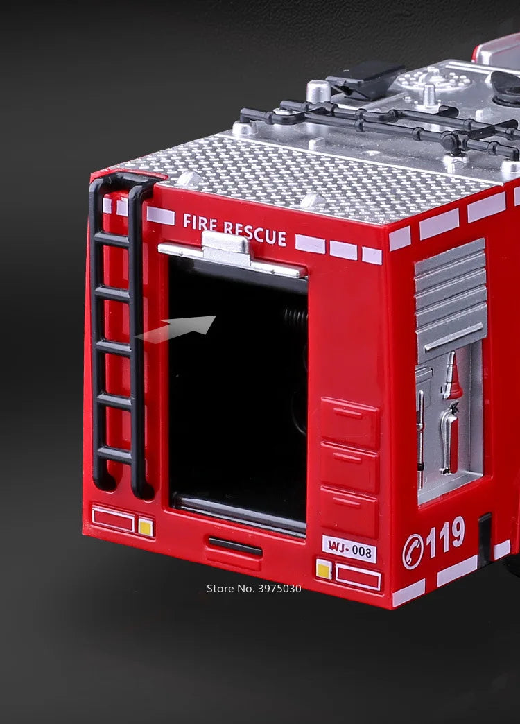 1/32 Fire Engine Car Toy Model with Sound Light Ladder Fire Truck Wheel Pull Back Sprinkler Rescue Vehicle Boys Decoration Gifts