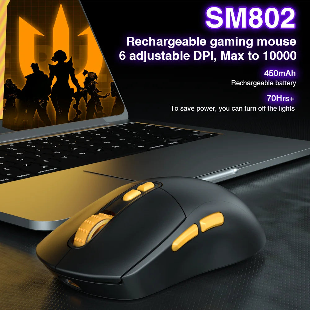 SOLAKAKA SM802 TRI-MODE Wireless Mouse Customized 10000DPI Macro Replaceble Switch RGB Heneycemb Ergonomic Mouse 63g Ultra-light