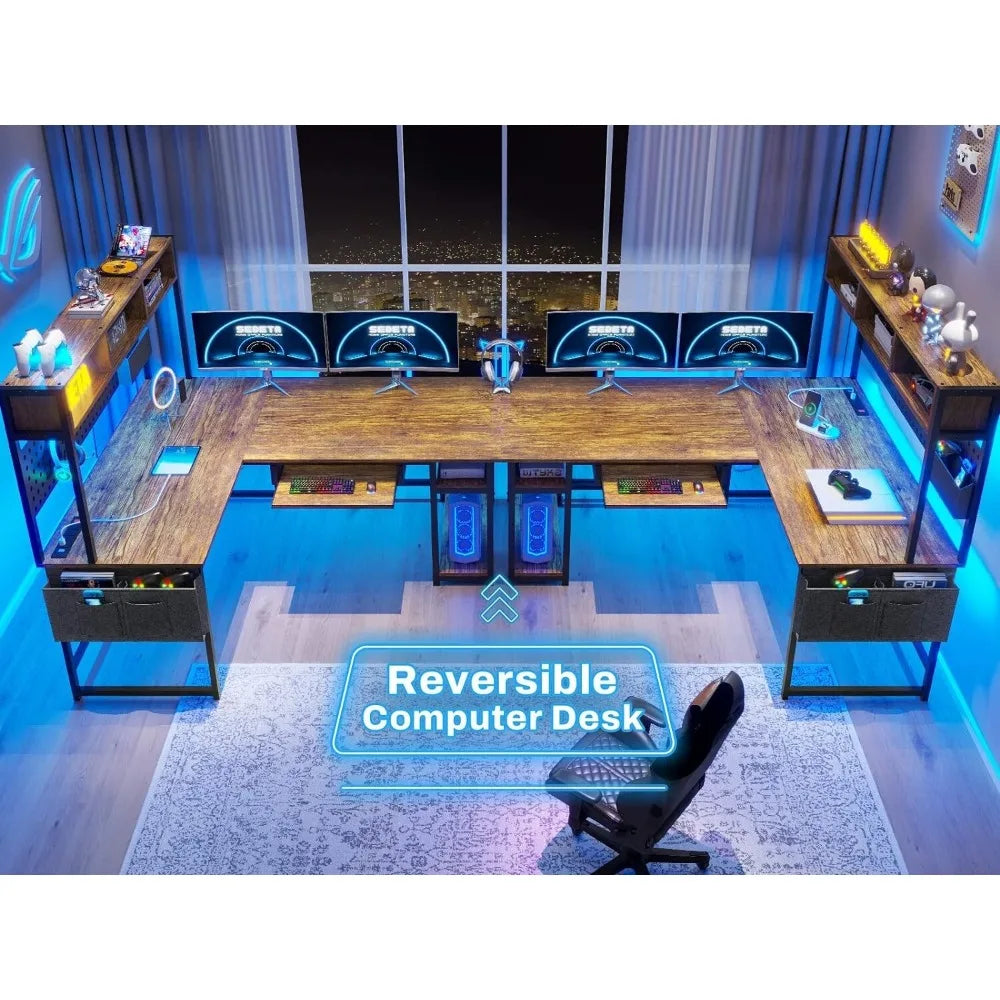 L Shaped Computer Desk with Power Outlet and Pegboard, Reversible Corner Desk