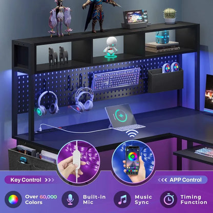 L Shaped Gaming Desk, Reversible Computer Desk with Power Outlet and Pegboard, Gaming Desk with Led Lights, Keyboard Tray and S