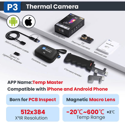 (Android&iPhone) P3 Type-C Thermal Camera for Electronics Repair 512×384 Adjustable Macro Lens 600℃ Usb Thermal Imaging Camera