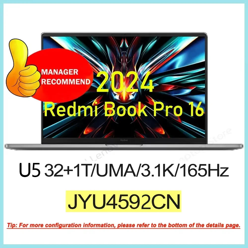 2024 New Xiaomi RedmiBook Pro 16 Ultra 5 125H 32GB LPDDR5 1TB SSD 3.1K 165Hz 16inch