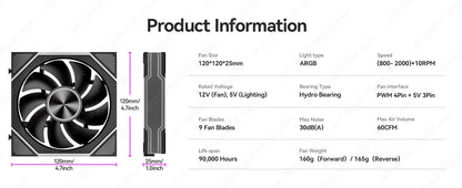 JEYI ARGB Infinity Mirror PC Fans Hydro Bearing Fan 30dB(A) 12CM cooling fan 5V3 pin PWM 800-2000RPM Forward/Reverse Blade Fan