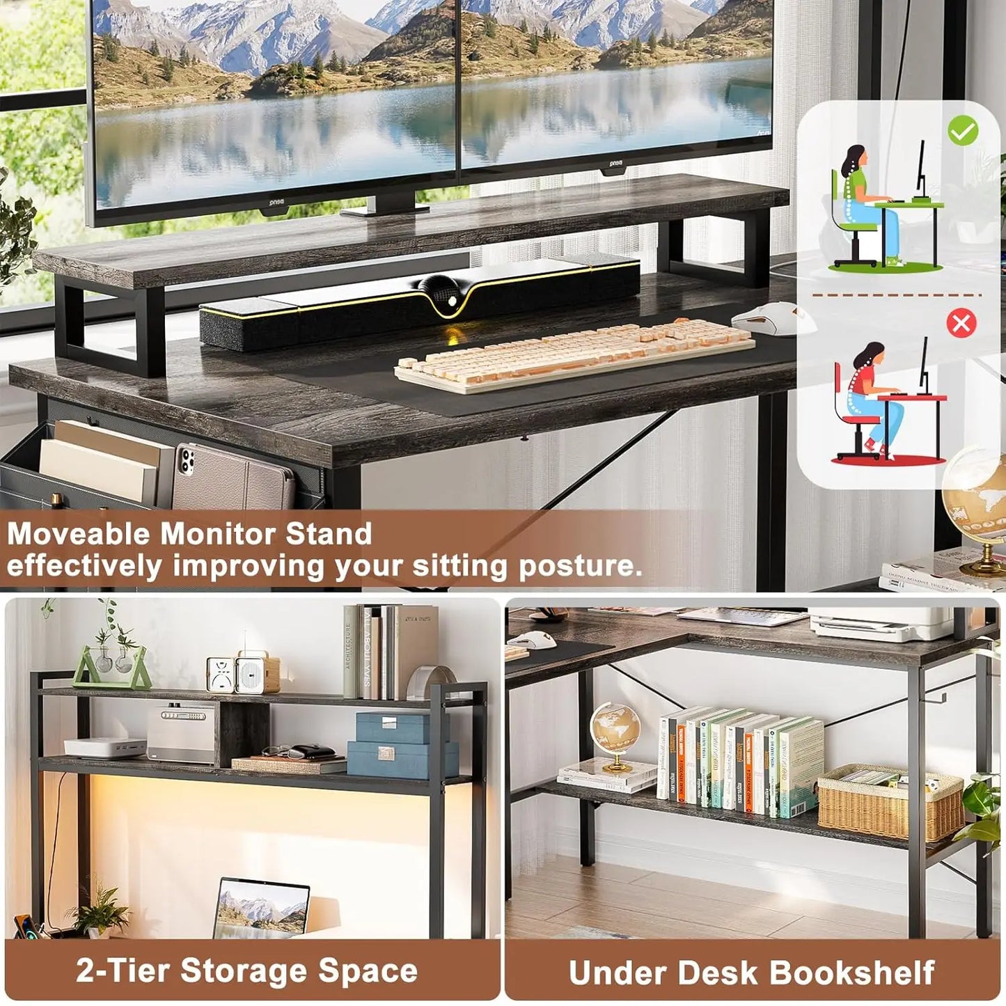 L Shaped Gaming Desk with Power Outlets & LED Lights, Small L- Shaped Desk Computer Corner Desk with Monitor Stand, Customized
