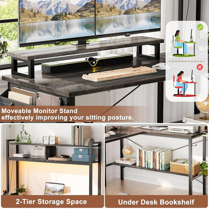 L Shaped Gaming Desk with Power Outlets & LED Lights, Small L- Shaped Desk Computer Corner Desk with Monitor Stand, Customized
