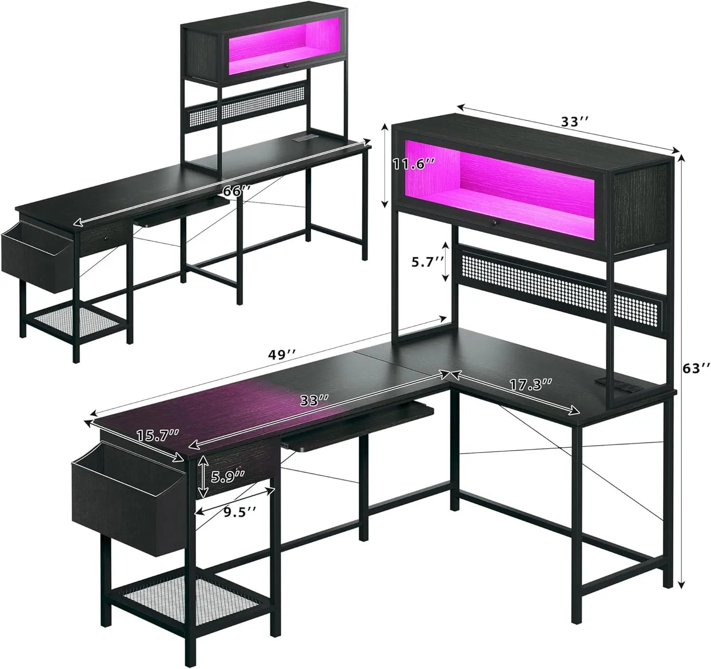 L Shaped Gaming Desk with Power Outlets & LED Lights, 49'' Reversible Computer Desk with Hutch & Pegboard & Display Cabinet