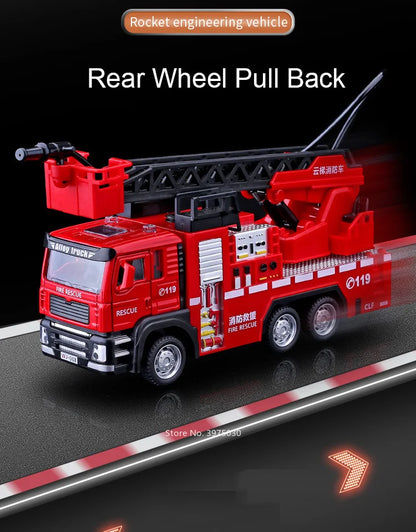 1/32 Fire Engine Car Toy Model with Sound Light Ladder Fire Truck Wheel Pull Back Sprinkler Rescue Vehicle Boys Decoration Gifts