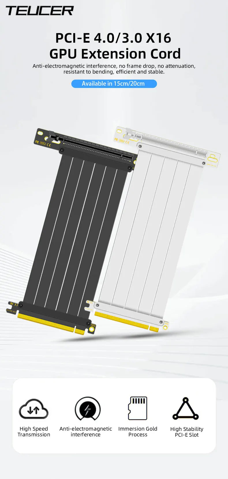 TEUCER PCI-E 4.0 X16 Riser Cable Video Card EMI Shielded High-Speed Flexible Extender PCI Express Gen 4 GPU Extension Cord