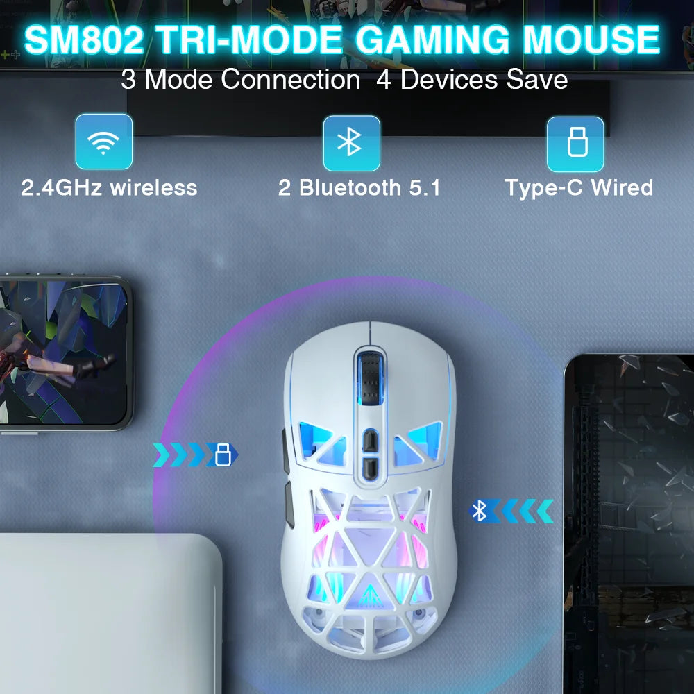 SOLAKAKA SM802 TRI-MODE Wireless Mouse Customized 10000DPI Macro Replaceble Switch RGB Heneycemb Ergonomic Mouse 63g Ultra-light