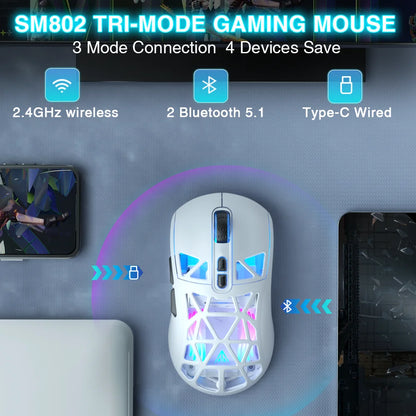 SOLAKAKA SM802 TRI-MODE Wireless Mouse Customized 10000DPI Macro Replaceble Switch RGB Heneycemb Ergonomic Mouse 63g Ultra-light