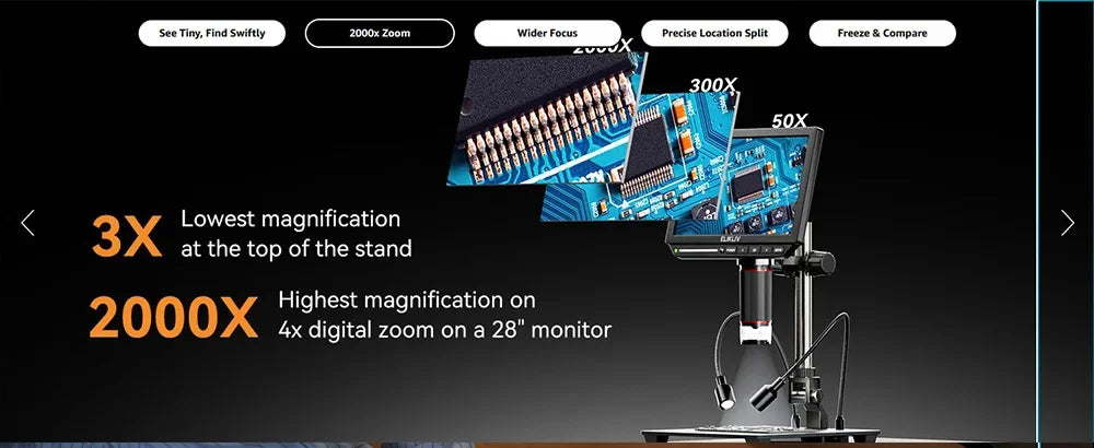 Elikliv EM4K 4K HDMI Digital Microscope for Electronics 8" 2000X Soldering Microscope for PCB Inspection Repair with 10" Stand