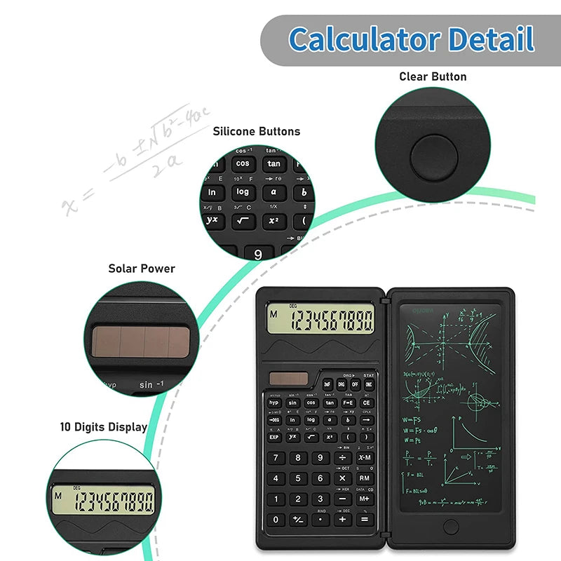 Solar Powered Scientific Calculator & 6 Inch Writing Tablet Foldable 10 Digit LCD Display For Office Student Teachers Accountant
