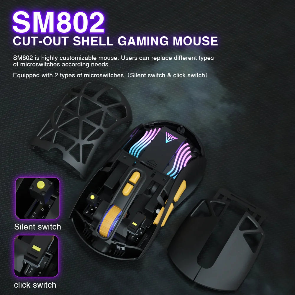 SOLAKAKA SM802 TRI-MODE Wireless Mouse Customized 10000DPI Macro Replaceble Switch RGB Heneycemb Ergonomic Mouse 63g Ultra-light