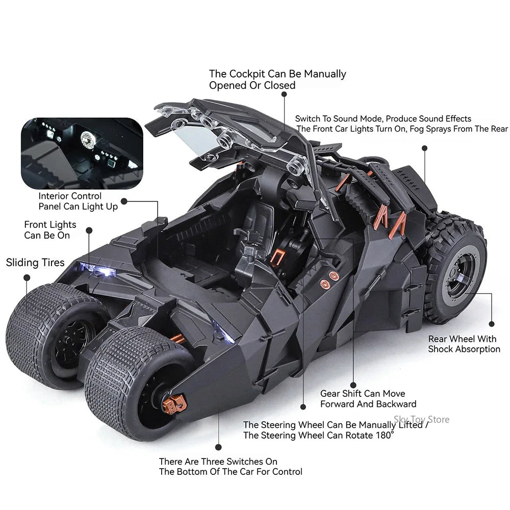 Alloy 1:24 Batmobile Diecast Model Toys Car Collectible Sound Light Doors Opened Rear Wheel Suspension Armored Cars for Kid Gift