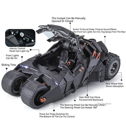 Alloy 1:24 Batmobile Diecast Model Toys Car Collectible Sound Light Doors Opened Rear Wheel Suspension Armored Cars for Kid Gift
