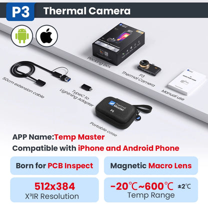 (Android&iPhone) P3 Type-C Thermal Camera for Electronics Repair 512×384 Adjustable Macro Lens 600℃ Usb Thermal Imaging Camera