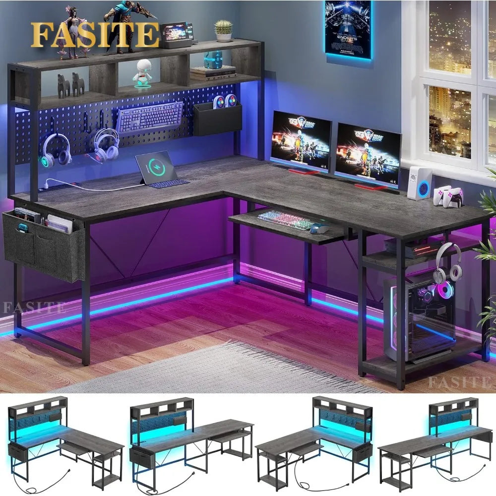 L Shaped Gaming Desk, Reversible Computer Desk with Power Outlet and Pegboard, Gaming Desk with Led Lights, Keyboard Tray