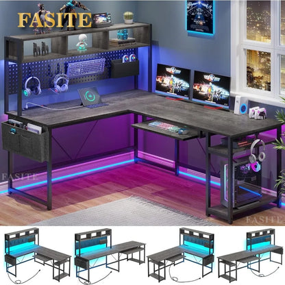 L Shaped Gaming Desk, Reversible Computer Desk with Power Outlet and Pegboard, Gaming Desk with Led Lights, Keyboard Tray