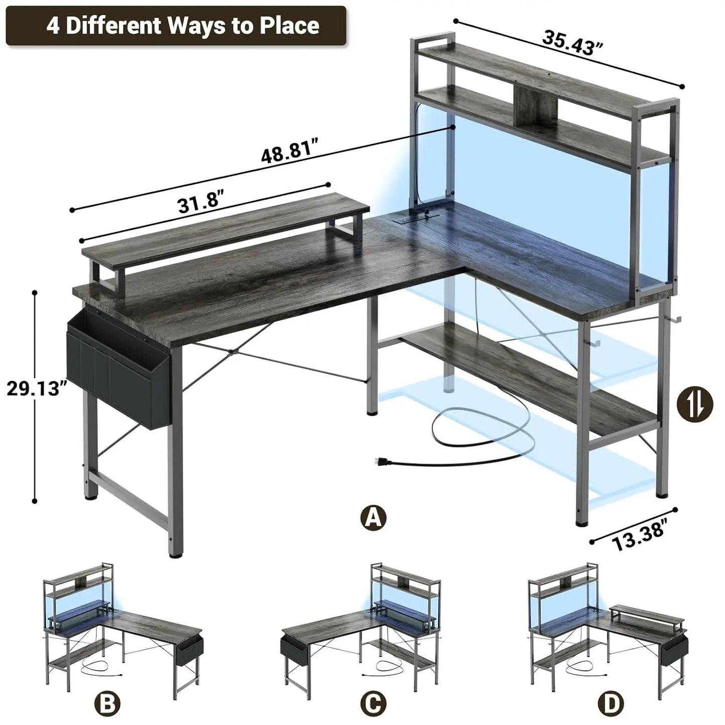 L Shaped Gaming Desk with Power Outlets & LED Lights, Small L- Shaped Desk Computer Corner Desk with Monitor Stand, Customized