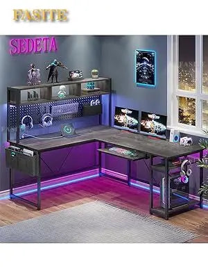 L Shaped Gaming Desk, Reversible Computer Desk with Power Outlet and Pegboard, Gaming Desk with Led Lights, Keyboard Tray