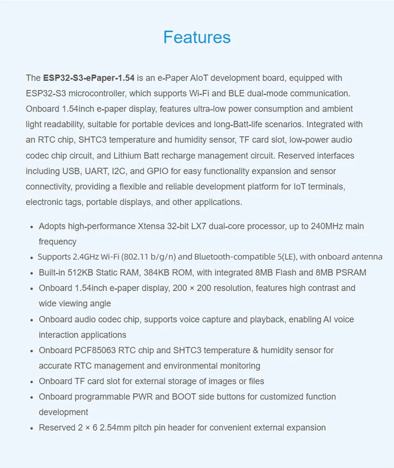 ESP32-S3 1.54 Inch e-Paper AIoT Development Board 200×200 Support Wi-Fi & BLE For Xiaozhi Deepseek