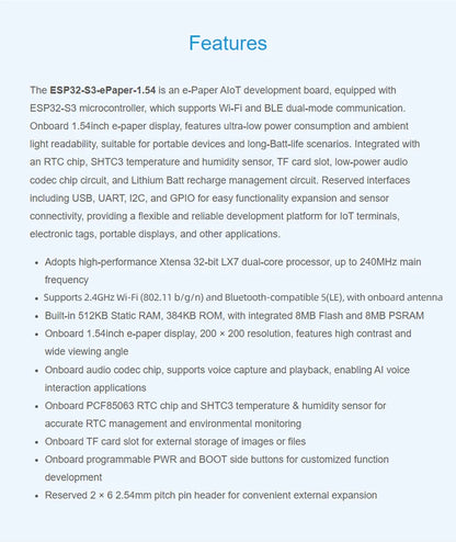 ESP32-S3 1.54 Inch e-Paper AIoT Development Board 200×200 Support Wi-Fi & BLE For Xiaozhi Deepseek