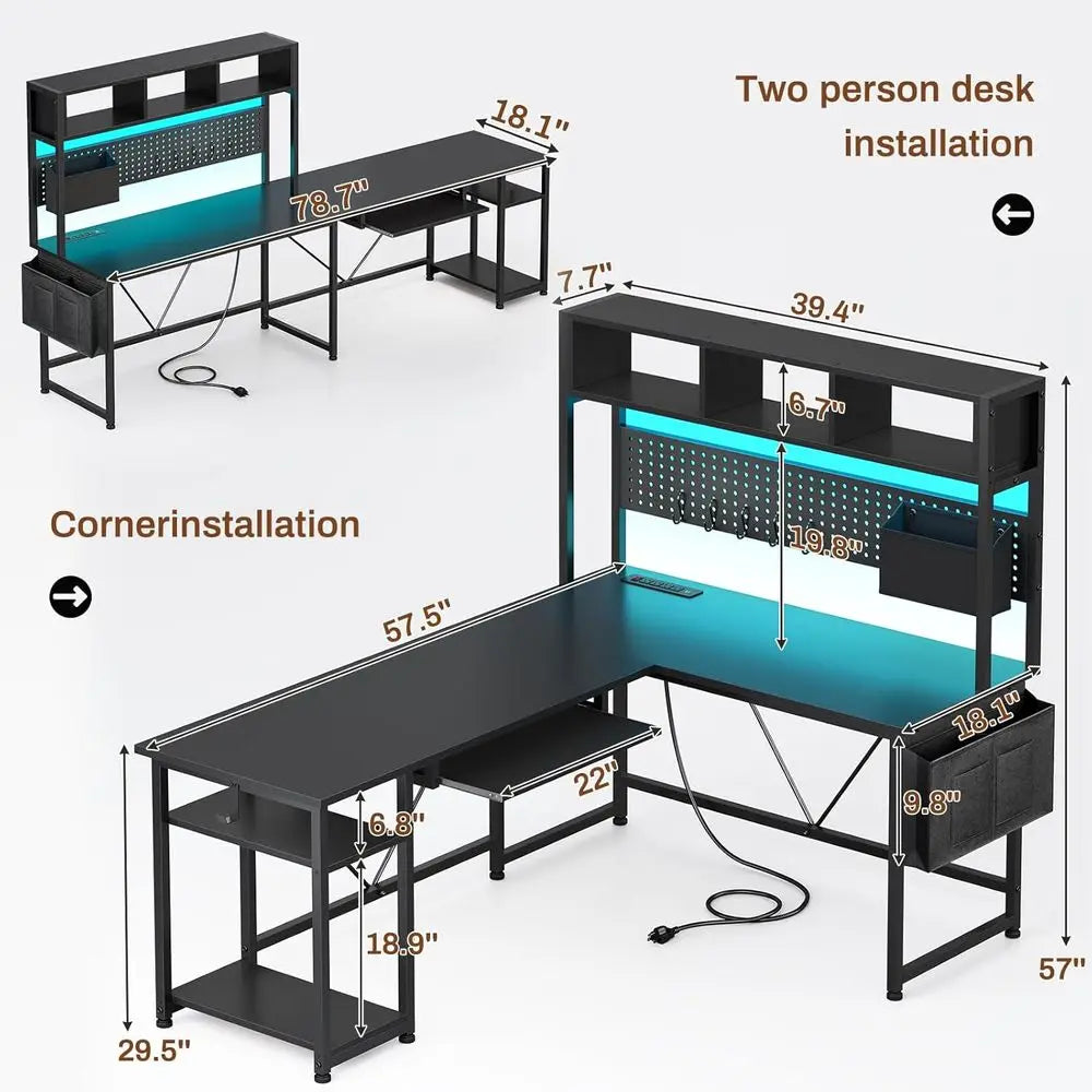 57.5 L-Shaped Gaming Desk with Storage, LED Lights, Power Outlet, and Keyboard Tray in Black