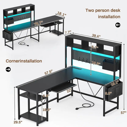 57.5 L-Shaped Gaming Desk with Storage, LED Lights, Power Outlet, and Keyboard Tray in Black