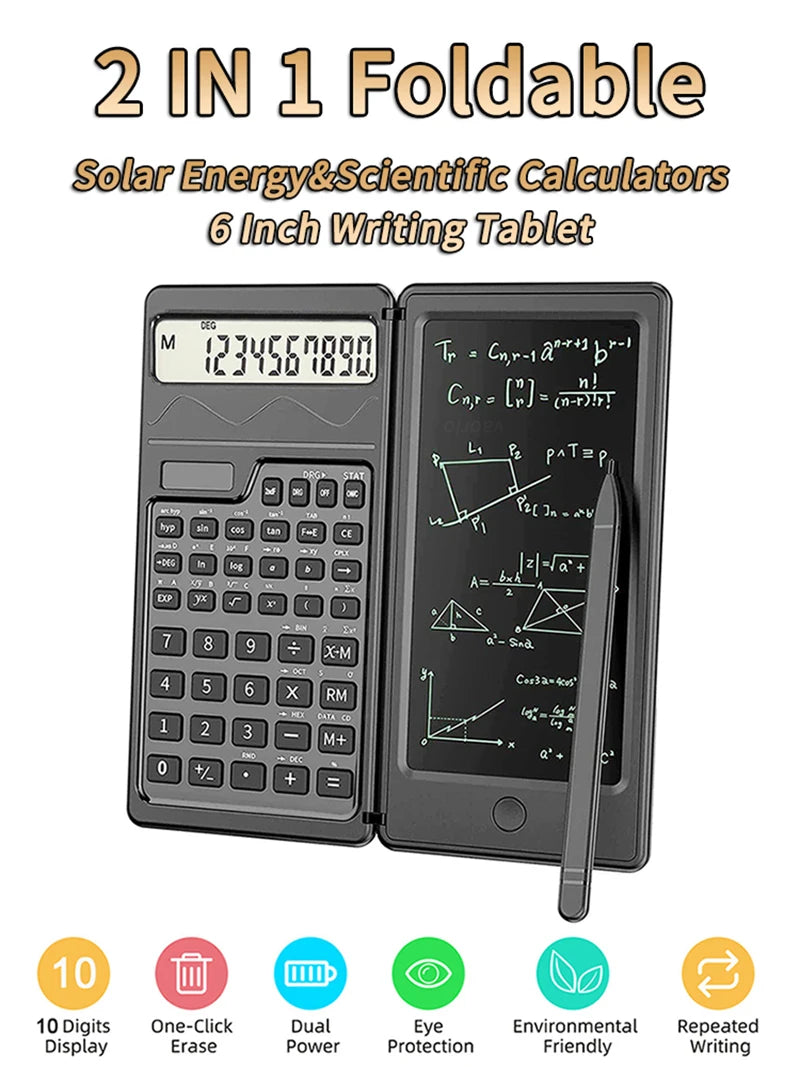 Solar Powered Scientific Calculator & 6 Inch Writing Tablet Foldable 10 Digit LCD Display For Office Student Teachers Accountant