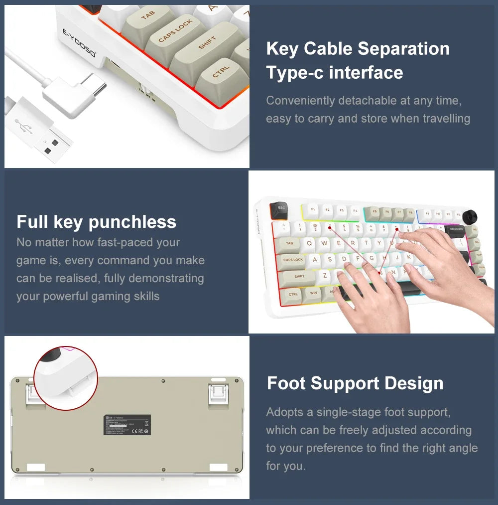 E-YOOSO Z82 RGB USB Mechanical Gaming Keyboard Support Bluetooth wireless 2.4G Wired 3 mode Gamer 82 Keys for Computer PC Laptop