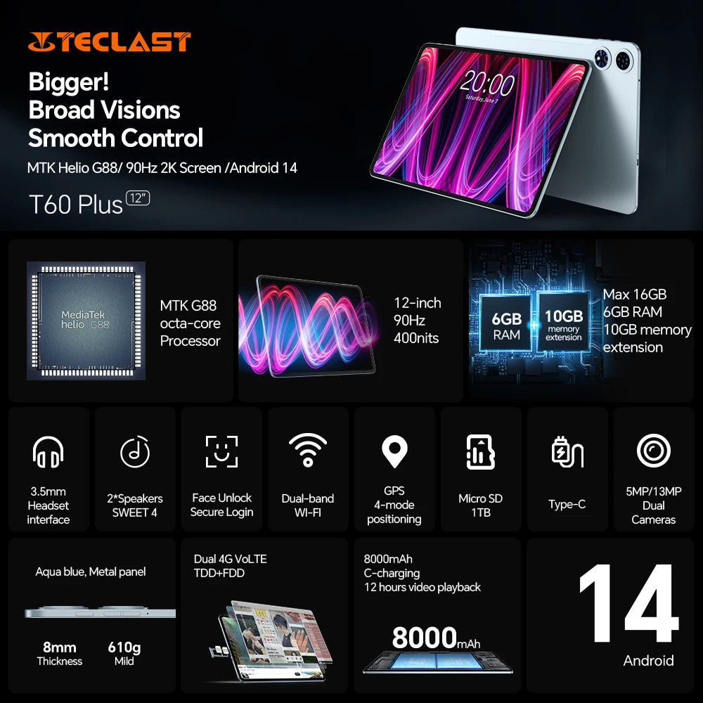 【World Premiere】Teclast T60 Plus 12" 90Hz 2K Display Android 14 L1 MTK Helio G88 6GB/128GB 8000mAh Battery 4G LTE Global Version