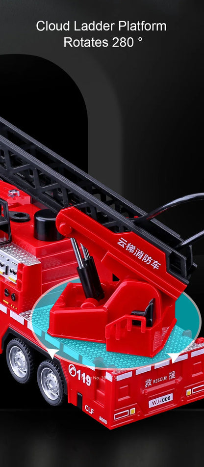 1/32 Fire Engine Car Toy Model with Sound Light Ladder Fire Truck Wheel Pull Back Sprinkler Rescue Vehicle Boys Decoration Gifts