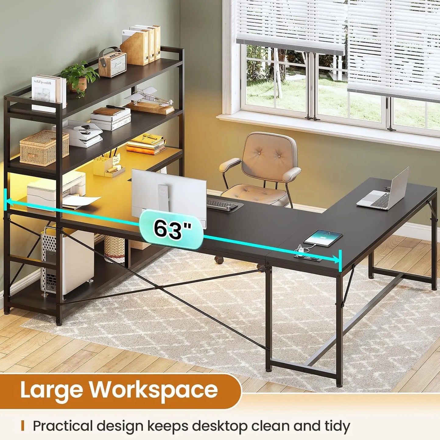 L Shaped Gaming Desk, 63'' Reversible Computer Desk with Power Outlet and Storage Shelves, Corner Gaming Desk with, Customized